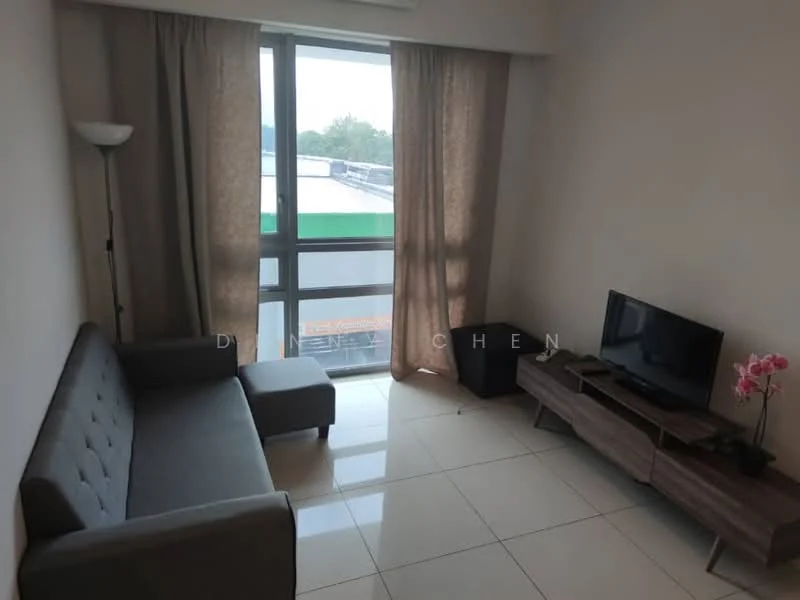 Living features: grey fabric sofa, flat-screen TV on wooden console, light-colored curtains, large window with city view, white walls, glossy tile flooring, floor lamp, decorative plant on console; style: modern; view: city.