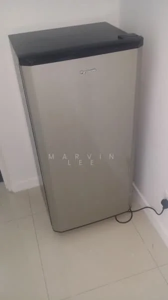 Room features: stainless-steel fridge.