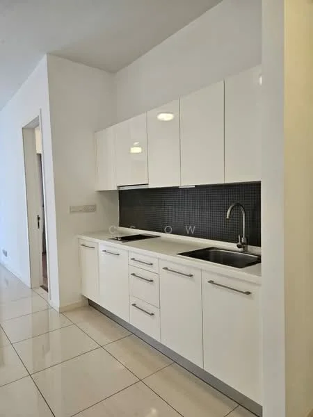Kitchen features: white cabinetry with flat-panel doors, black tile backsplash, double-bowl stainless-steel sink, chrome pull-down faucet, built-in oven, freestanding range oven, white countertop, polished ceramic tile flooring, recessed downlights, wall-mounted cabinets, drawer storage, open shelving; style: modern.