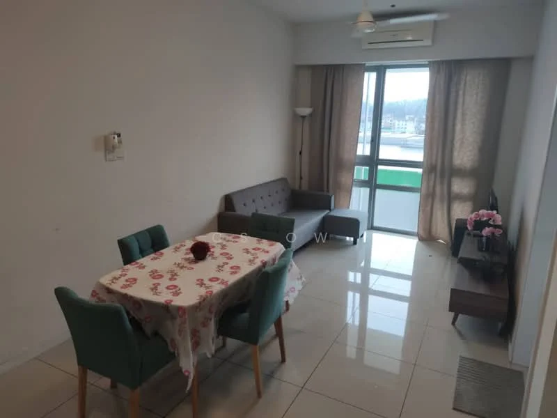 Living features: grey fabric sofa, 4-seater dining table with floral tablecloth, green upholstered dining chairs, floor-to-ceiling windows, curtains, white walls, tile flooring, wall-mounted TV, sideboard, lamp, decorative flowers; style: modern; view: city.