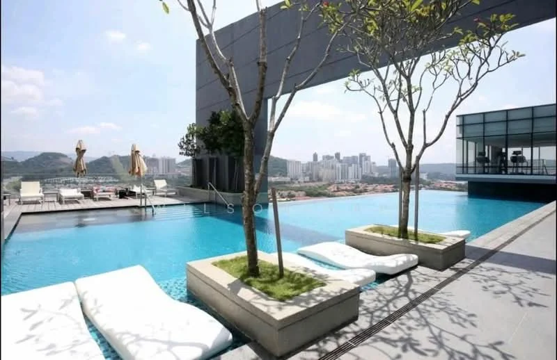 Exterior type: high-rise condominium; features: infinity pool, pool deck with loungers, landscaped planters with trees, city skyline view, outdoor umbrellas, modern architectural design, glass facade, surrounded by greenery; style: modern.