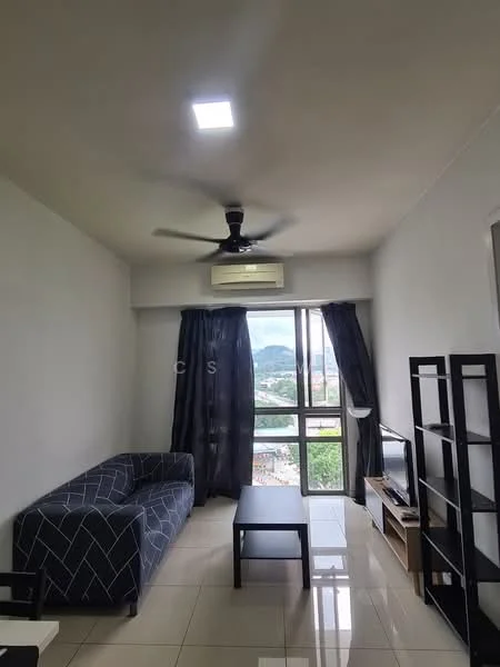 Living features: grey fabric 3-seater sofa with geometric pattern, black coffee table, TV console, wall-mounted TV, floor-to-ceiling windows, black curtains, 1 wall-mounted split AC, recessed ceiling light, glossy tile flooring, white painted walls, ceiling fan; style: modern; view: city.