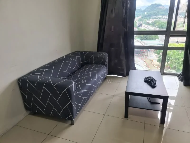 Living features: 3-seater fabric sofa in grey with geometric pattern, coffee table in dark wood, floor-to-ceiling windows, blackout curtains, glossy tile flooring, city view, neutral painted walls; style: modern; view: city.
