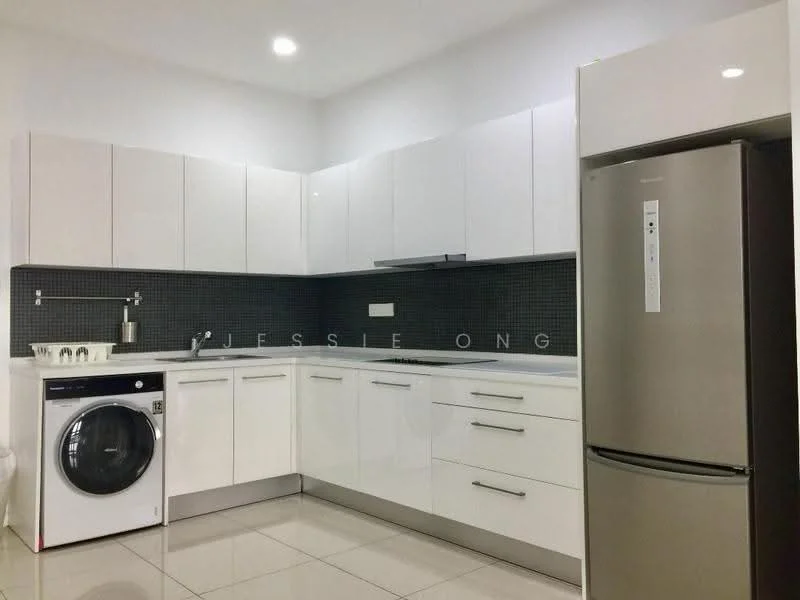 Kitchen features: white shaker cabinets, stainless-steel fridge, built-in oven, single-bowl stainless-steel sink, chrome pull-down faucet, ceramic tile flooring, grey mosaic tile backsplash, front-load washing machine, recessed LED downlights, countertop with straight edge, open shelving, wall-mounted range hood; style: modern.