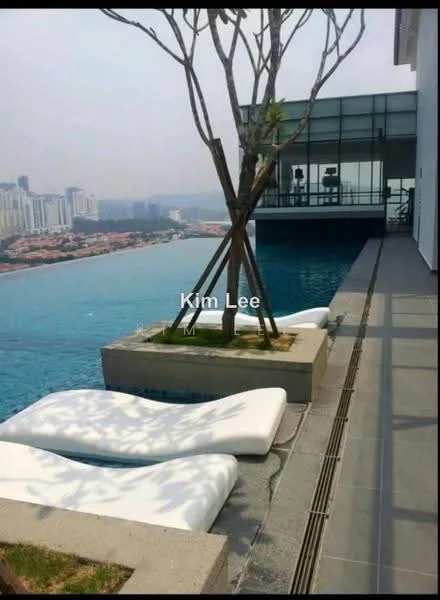 Exterior type: high-rise condominium; features: infinity pool, pool deck with loungers, landscaped area with trees, glass facade, city skyline view, stone-paved walkway; style: modern.