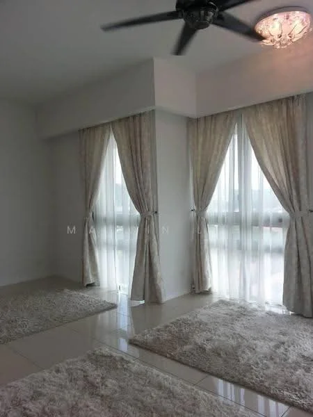 Room features: white painted walls, large windows with sheer curtains, ceiling fan, chandelier, light-colored area rug, glossy tile flooring; style: modern; view: city.