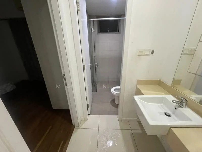Bathroom features: white ceramic toilet, glass shower enclosure, single-bowl sink, chrome faucet, mirror above sink, light-colored wall tiles, light-colored floor tiles, window for natural light; style: modern. Room features: wood flooring, dark curtains.