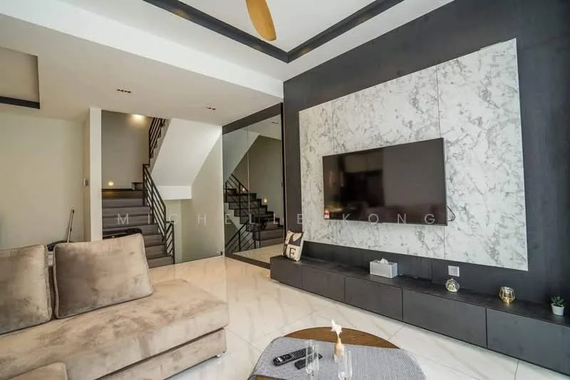 Living features: marble feature wall, wall-mounted TV, built-in cabinetry, light-colored sofa, ceiling fan, recessed lighting, white marble flooring, open staircase with metal railing; style: modern.