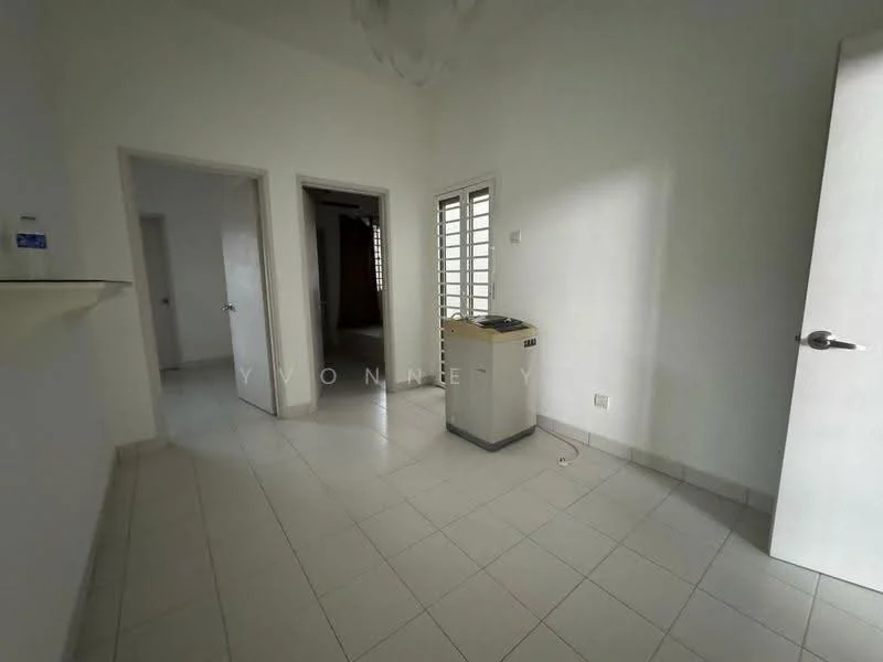 Room features: white painted walls, tile flooring, single window with grille, doorway leading to another room, doorway leading to hallway, built-in shelf, light fixture on ceiling.