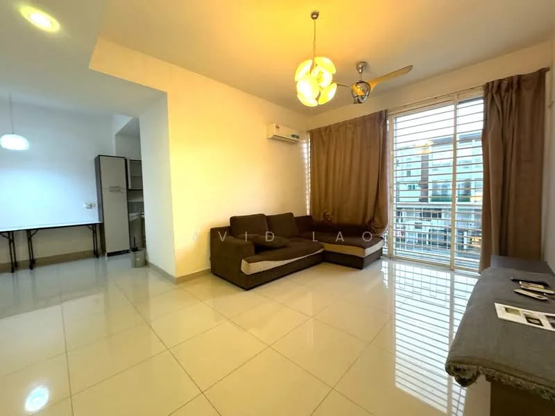 Living features: 3-seater fabric sofa in brown, floor-to-ceiling windows, sheer curtains, 5-blade ceiling fan with light, white painted walls, glossy ceramic tile flooring, coffee table, TV console, area rug, decorative wall art; style: modern; view: city.