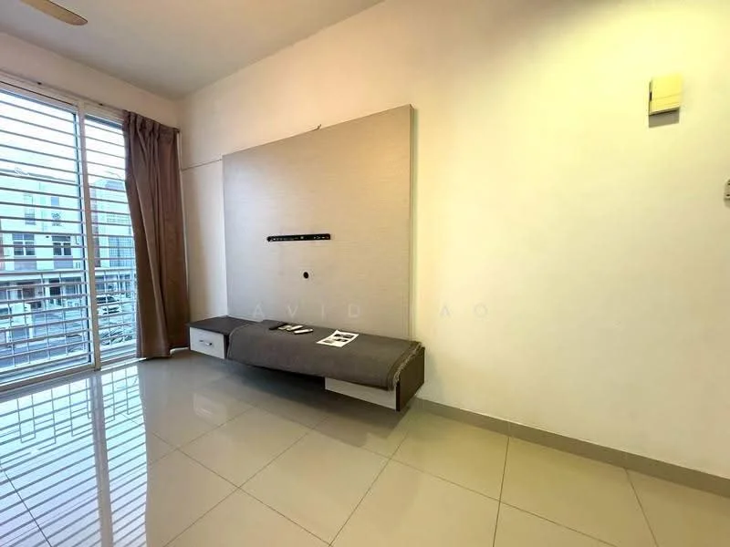 Living features: white painted walls, glossy tile flooring, floor-to-ceiling windows, sliding glass door, curtains, built-in wall unit with shelf, wall-mounted TV bracket, light switch, air conditioning unit; style: modern; view: city.