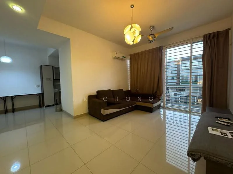 Living features: 3-seater fabric sofa in brown, ceiling fan with light, floor-to-ceiling windows, sheer curtains, tile flooring, wall-mounted air conditioning unit, coffee table, decorative wall art, light fixture with multiple bulbs; style: modern; view: city.