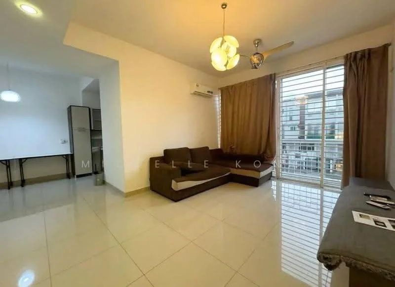 Living features: 3-seater fabric sofa in brown, coffee table, wall-mounted TV, ceiling fan with light, floor-to-ceiling windows, sheer curtains, cream painted walls, glossy tile flooring, decorative wall clock, side table, area rug; style: modern; view: city.