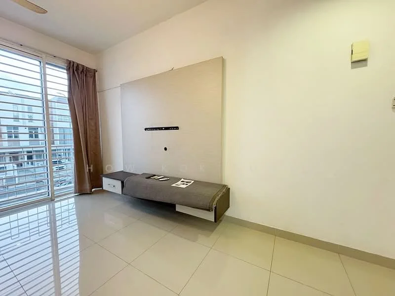 Living features: white painted walls, glossy ceramic tile flooring, floor-to-ceiling windows, sheer curtains, built-in TV console, grey upholstered bench, recessed lighting, air conditioning unit; style: modern; view: city.