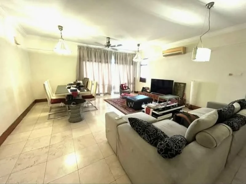 Living features: cream painted walls, marble tile flooring, tray ceiling, 5-blade ceiling fan with light, 2 pendant lamps, large window with sheer curtains, wall-mounted TV, black coffee table, area rug with geometric pattern, grey L-shape sectional sofa, dining table with 6 chairs, decorative wall art; style: contemporary.