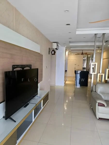 Living features: white painted walls, glossy tile flooring, wall-mounted TV, TV console with storage, 5-blade ceiling fan, recessed downlights, open layout to kitchen, decorative wall clock, air conditioning unit; style: modern. Kitchen features: kitchen island, bar stools, open-plan layout, countertop with overhang; style: modern.