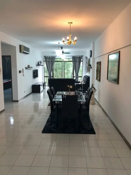 Dining features: 6-seater dining table, black upholstered dining chairs, chandelier, white painted walls, ceramic tile flooring, floor-to-ceiling windows, sheer curtains, decorative wall art, area rug with geometric pattern, wall-mounted TV, sofa in living area visible, air conditioning unit; style: modern; view: garden. Living features: sofa, coffee table, TV console, decorative wall art; style: modern; view: garden.