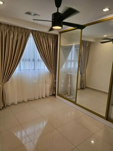 Bedroom features: floor-to-ceiling windows, sheer curtains, cream drapes, 5-blade ceiling fan, mirrored wardrobe with gold trim, white painted walls, tile flooring, recessed lighting; style: modern.