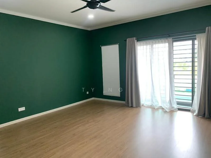 Room features: green painted walls, laminate flooring, 5-blade ceiling fan, floor-to-ceiling windows, sliding glass door, sheer curtains, grey curtains, natural light, view of outdoor space; style: modern; view: garden.