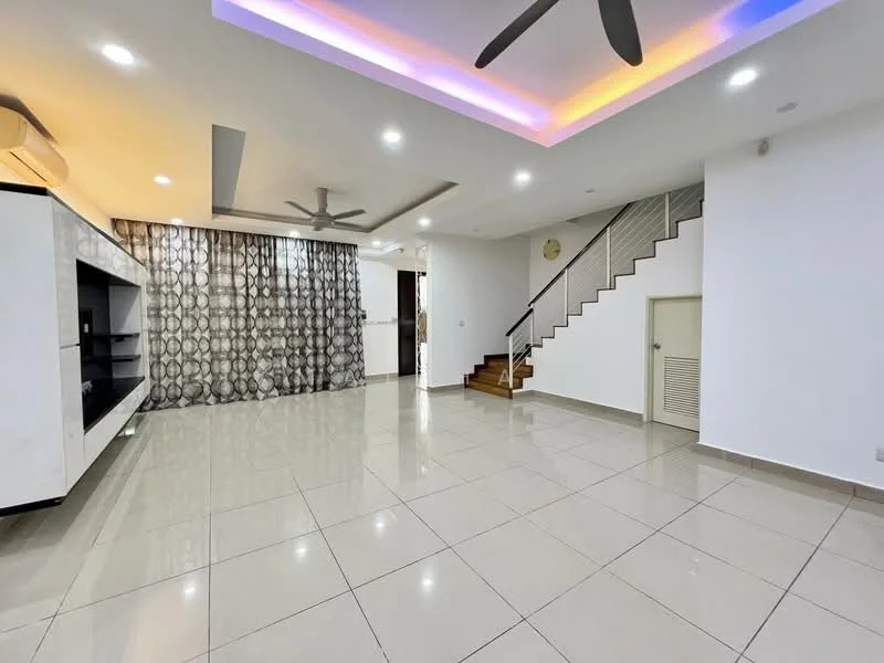 Living features: white painted walls, grey accent wall, glossy tile flooring, recessed downlights, tray ceiling with LED lighting, 2 ceiling fans, large windows with sheer curtains, built-in entertainment unit, staircase with wooden steps, air conditioning unit; style: modern.