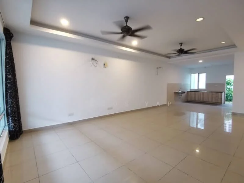 Living features: white painted walls, recessed ceiling with downlights, 2 ceiling fans, large windows with view, glossy ceramic tile flooring, open layout, no visible furniture, neutral color scheme; style: modern; view: garden.