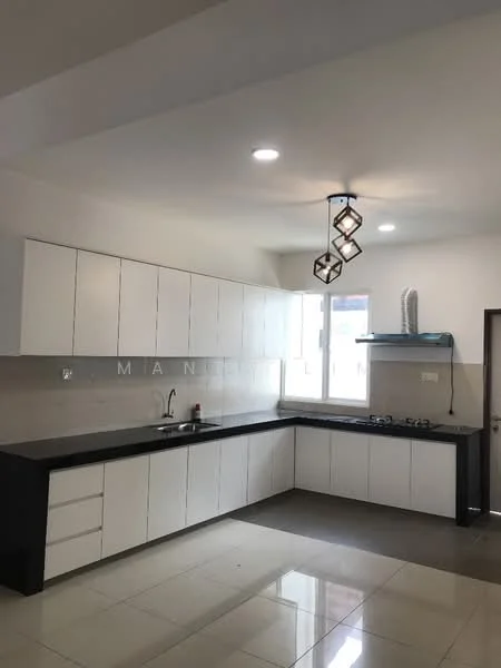 Kitchen features: white cabinetry, black countertop, stainless-steel sink, chrome pull-down faucet, 4-burner gas hob, built-in oven, tile backsplash, ceramic tile flooring, recessed downlights, pendant light fixture, floor-to-ceiling window, open shelving, wall-mounted exhaust hood; style: modern.