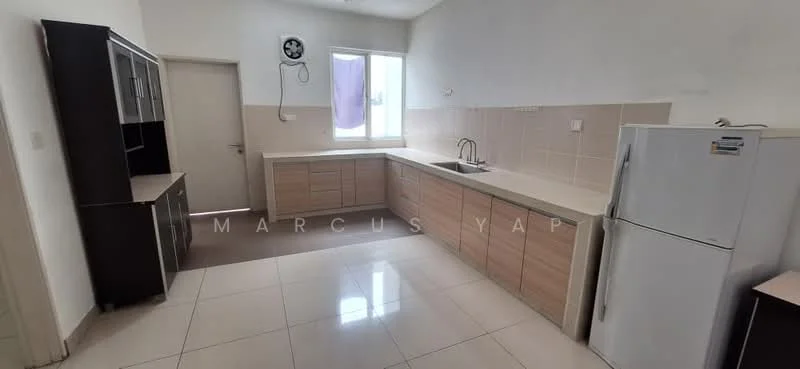 Kitchen features: light wood cabinetry, white countertop, stainless-steel sink, chrome pull-down faucet, built-in refrigerator, ceramic tile flooring, white tiled backsplash, window with sheer curtains, wall clock, open shelving, under-cabinet lighting; style: modern.