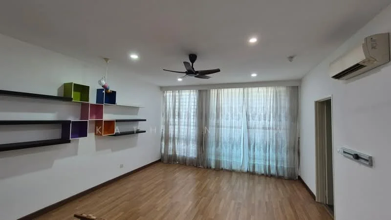 Living features: wooden flooring, white painted walls, 5-blade ceiling fan with light, floor-to-ceiling windows, sheer curtains, wall-mounted air conditioning unit, open shelving with colorful boxes, recessed downlights; style: modern.
