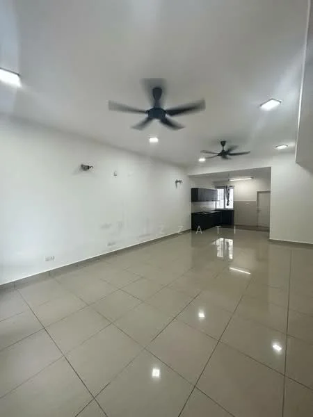 Living features: white painted walls, polished ceramic tile flooring, 2 ceiling fans, recessed LED downlights, open layout to kitchen, large windows, neutral color scheme, no visible furniture; style: modern.