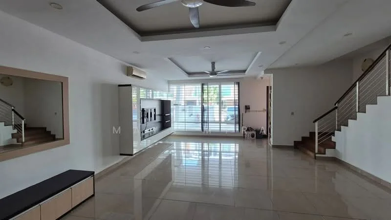 Living features: white painted walls, polished marble flooring, tray ceiling, 5-blade ceiling fan with light, large windows with sheer curtains, wall-mounted TV, built-in entertainment unit, open layout, staircase leading to upper floor, recessed downlights, mirror on wall, black bench seating; style: modern.