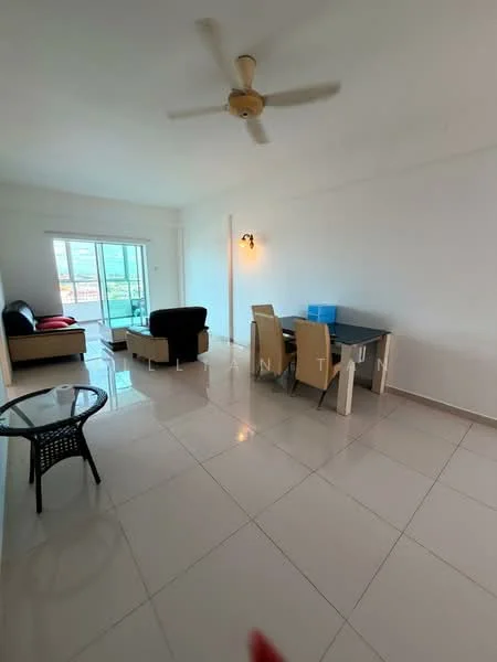 Living features: white painted walls, glossy tile flooring, 5-blade ceiling fan, sofa in black fabric, 2-seater sofa, dining table with 4 chairs, large windows with city view, wall-mounted light fixture, open layout, balcony access; style: modern; view: city.