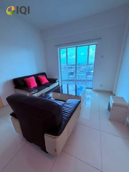 Living features: 2-seater leather sofa in black, 3-seater fabric sofa in beige, glass coffee table, floor-to-ceiling windows, white painted walls, glossy tile flooring, balcony access, city view, decorative cushions in red, light curtains; style: modern; view: city.