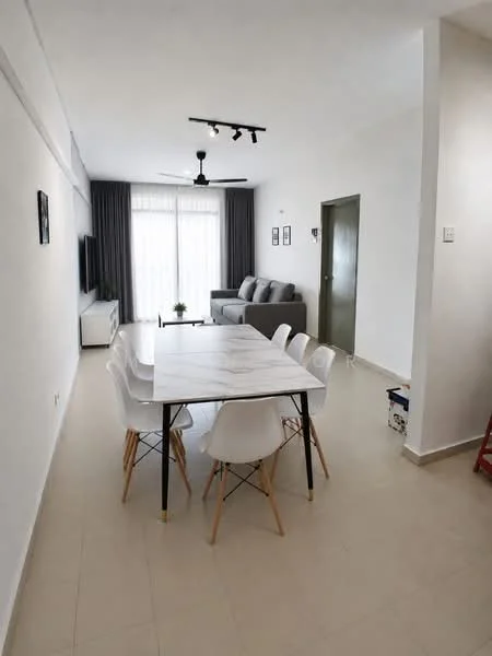 Dining features: white marble dining table, 6 white dining chairs with wooden legs, light grey wall paint, recessed ceiling lights, 5-blade ceiling fan, large sliding glass door, floor-to-ceiling curtains, light grey sofa, TV console with wall-mounted TV, neutral tiled flooring; style: modern; view: garden.
