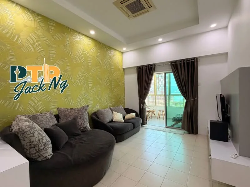 Living features: dark fabric sectional sofa, 2-seater fabric sofa, green accent wall with leaf pattern, white painted walls, recessed downlights, floor-to-ceiling windows, curtains, TV console, wall-mounted TV, tile flooring, air conditioning unit; style: modern.