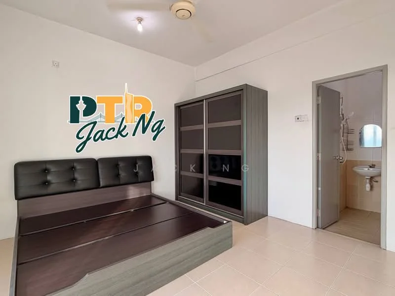 Bedroom features: queen-size bed, upholstered headboard, built-in wardrobe with sliding doors, cream painted walls, tile flooring, ceiling fan, window with natural light, en-suite bathroom door; style: modern.