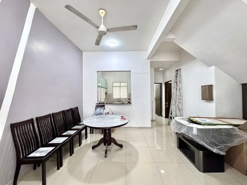 Dining features: round dining table, 6 wooden dining chairs, white walls, grey accent wall, ceiling fan, tile flooring, recessed lighting, window with natural light, decorative wall shelf, open layout to kitchen, staircase visible, plastic covering on furniture; style: modern.
