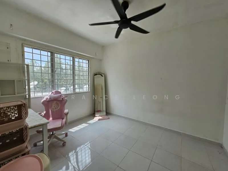 Room features: white painted walls, grey tiled flooring, 5-blade ceiling fan, large window with grid pattern, mirror, desk, pink chair, pink storage unit; style: minimalist; view: garden.