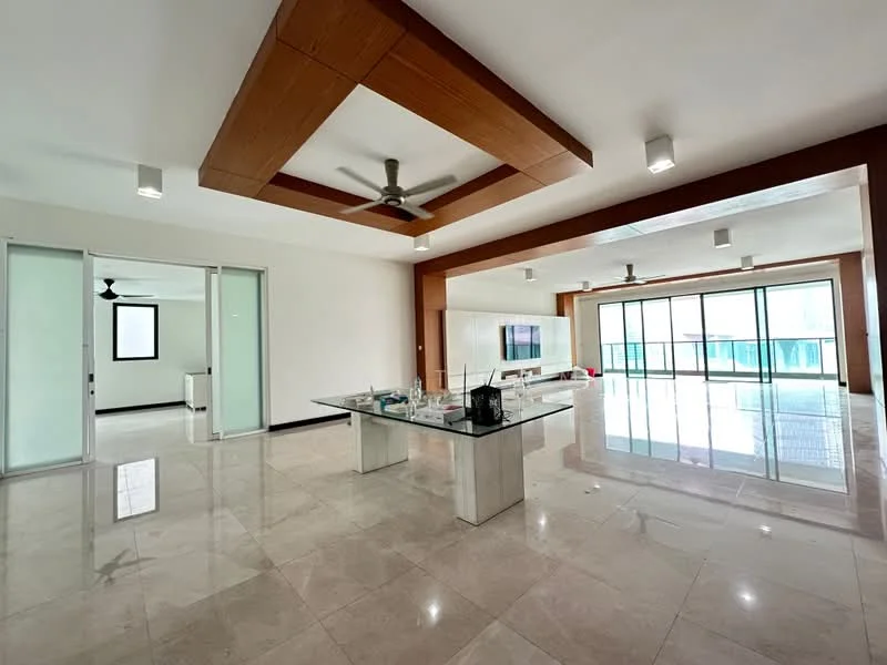 Living features: marble tile flooring, tray ceiling with wooden beams, 5-blade ceiling fan, floor-to-ceiling windows, sliding glass door, white painted walls, recessed downlights, open layout, glass dining table, modern decor; style: modern; view: city. Room features: white painted walls, marble tile flooring, 5-blade ceiling fan, floor-to-ceiling windows.