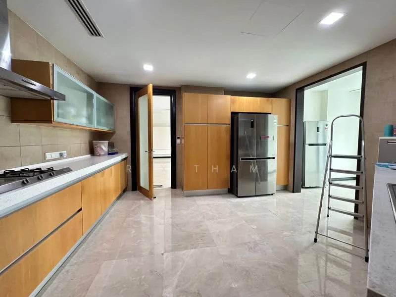 Kitchen features: stainless-steel fridge, built-in oven, 4-burner gas hob, stainless-steel range hood, white quartz countertop, wood cabinetry with flat-panel design, ceramic tile flooring, recessed downlights, sliding door to pantry, open shelving, stainless-steel sink; style: modern.
