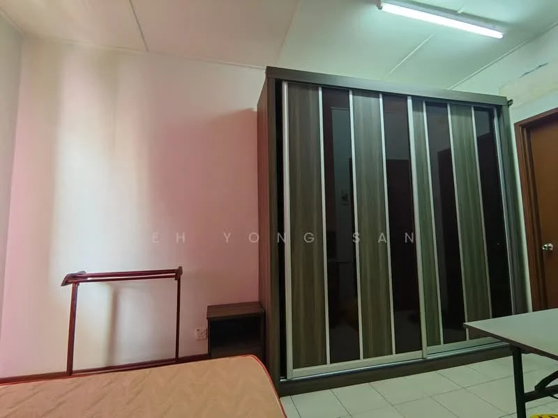 Room features: built-in wardrobe with sliding doors, wooden bedside table, table, tile flooring, white walls, fluorescent ceiling light; style: modern.