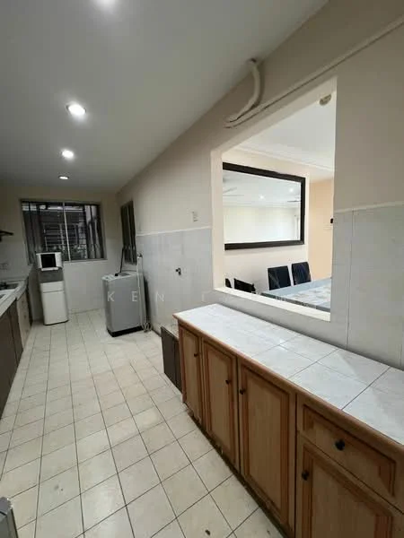 Kitchen features: white tiled flooring, cream painted walls, wood cabinetry, white countertop, double-bowl stainless-steel sink, built-in oven, freestanding refrigerator, window with grid pattern, recessed downlights, open layout to dining area; style: modern.