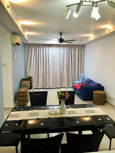 Living features: 3-seater fabric sofa in blue, 2-seater fabric sofa in red, dining table with black surface, black dining chairs, ceiling fan with light, recessed LED downlights, curtains in light fabric, air conditioning unit on wall, decorative vase with flowers, wooden side table, wooden storage unit, light grey painted walls, white tiled flooring; style: modern.