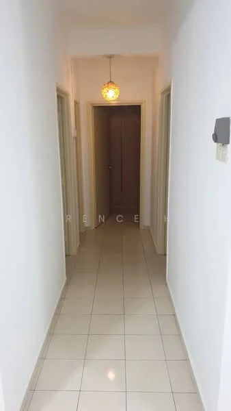 Hallway features: white painted walls, glossy ceramic tile flooring, recessed ceiling lights, pendant light fixture, doorways leading to other rooms, neutral color scheme, straight corridor layout; style: modern.