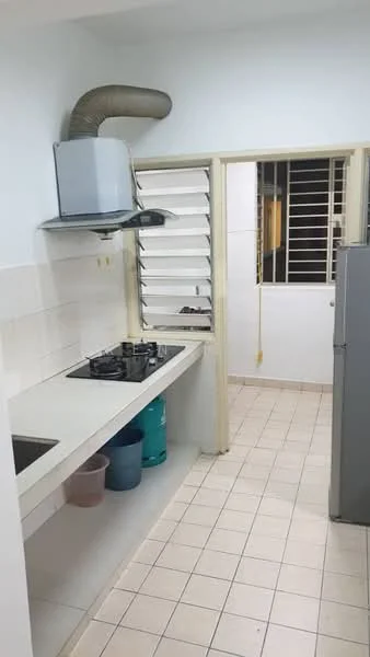 Kitchen features: white tiled walls, light-colored countertop, built-in gas hob, stainless-steel range hood, single-bowl sink, grey fridge, open shelving, window with louvered shutters, ceramic tile flooring, wall-mounted exhaust duct; style: modern.