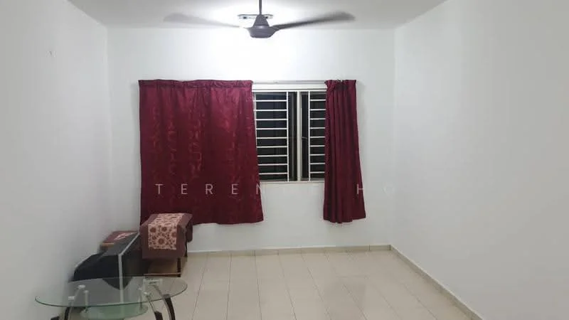 Room features: white painted walls, cream tiled flooring, ceiling fan, red curtains, window with metal grille, glass-top table, wooden bench, decorative cushion.