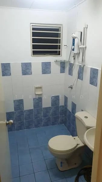 Bathroom features: white tiled walls, blue tiled walls, blue tile flooring, one-piece toilet, shower with wall-mounted showerhead, handheld shower, toilet paper holder, window with security bars, wall-mounted shower control, mirror above sink.