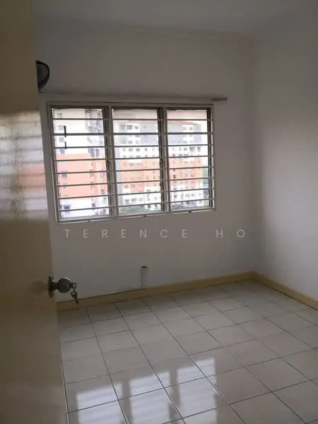 Room features: white painted walls, glazed ceramic tile flooring, sliding windows with metal frames, window treatments with horizontal slats, light switch, door with round handle, neutral color scheme; style: modern; view: city.