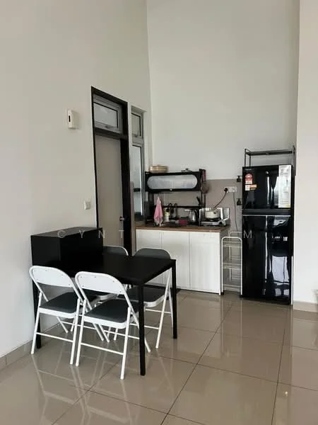 Kitchen features: white cabinetry, black countertop, stainless-steel sink, chrome pull-down faucet, freestanding black fridge, built-in stove, white tiled backsplash, ceramic tile flooring, dining table with black surface, 4 white folding chairs, wall-mounted cabinets, open shelving; style: modern.