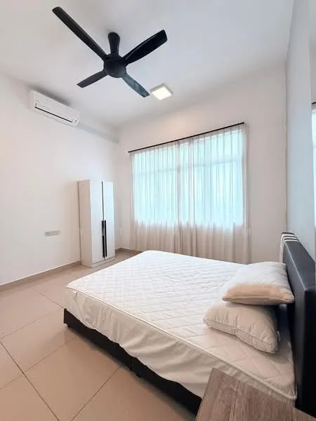 Bedroom features: queen-size bed, upholstered headboard, 2 pillows, white bedding, floor-to-ceiling windows, sheer curtains, 1 wall-mounted split AC, ceiling fan with 3 blades, light fixture in ceiling, light-colored walls, tile flooring, white wardrobe, wooden bedside table; style: modern.
