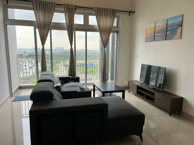 Living features: grey fabric L-shape sectional sofa, black coffee table, wood TV console, wall-mounted TV, floor-to-ceiling windows, sheer curtains, marble tile flooring, decorative wall art with beach scene, city view, area rug; style: modern; view: city.